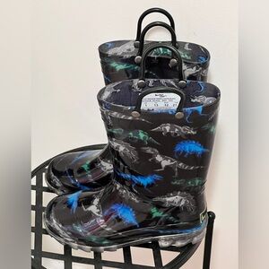 Light up Western Chief Black Rain Boots with Blue & Green Dinosaur Print